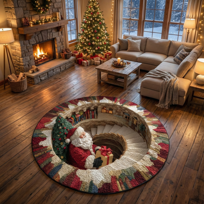 Cozy living room with a decorated Christmas tree, fireplace, and Santa Claus rug.