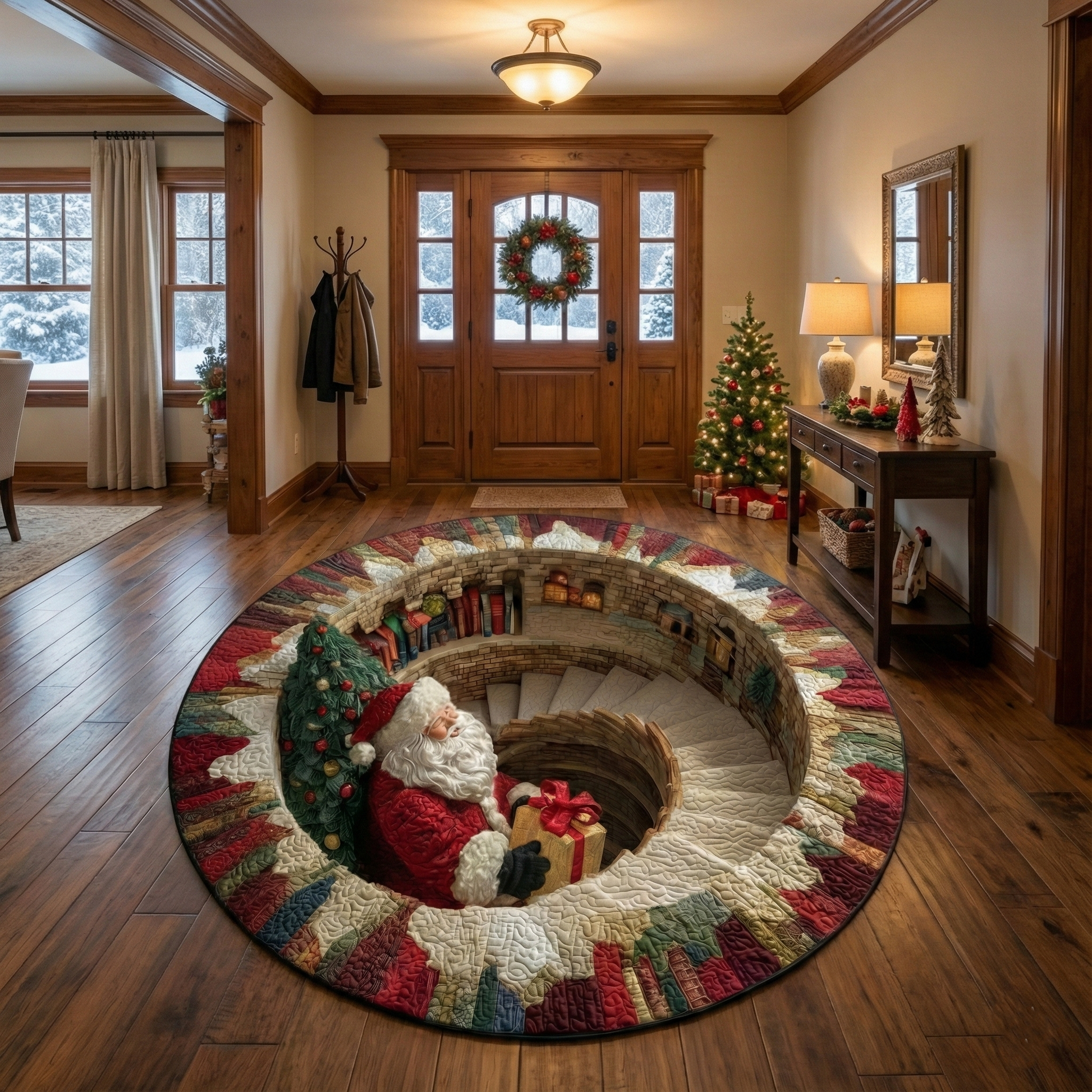 Decorative rug with Santa Claus and Christmas trees in a home setting