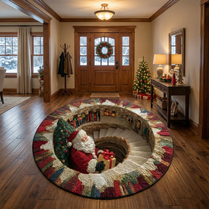 Decorative rug with a Santa Claus design in a home setting