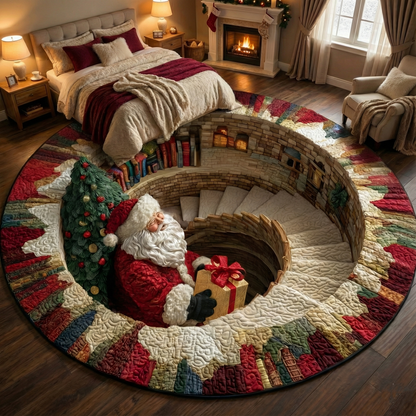 Decorative rug with a Santa Claus design in a cozy bedroom setting.
