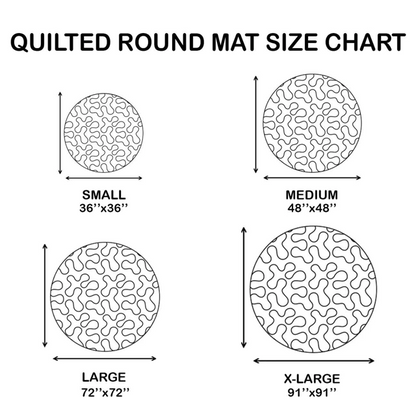 Quilted round mat size chart with dimensions for small, medium, large, and x-large mats.