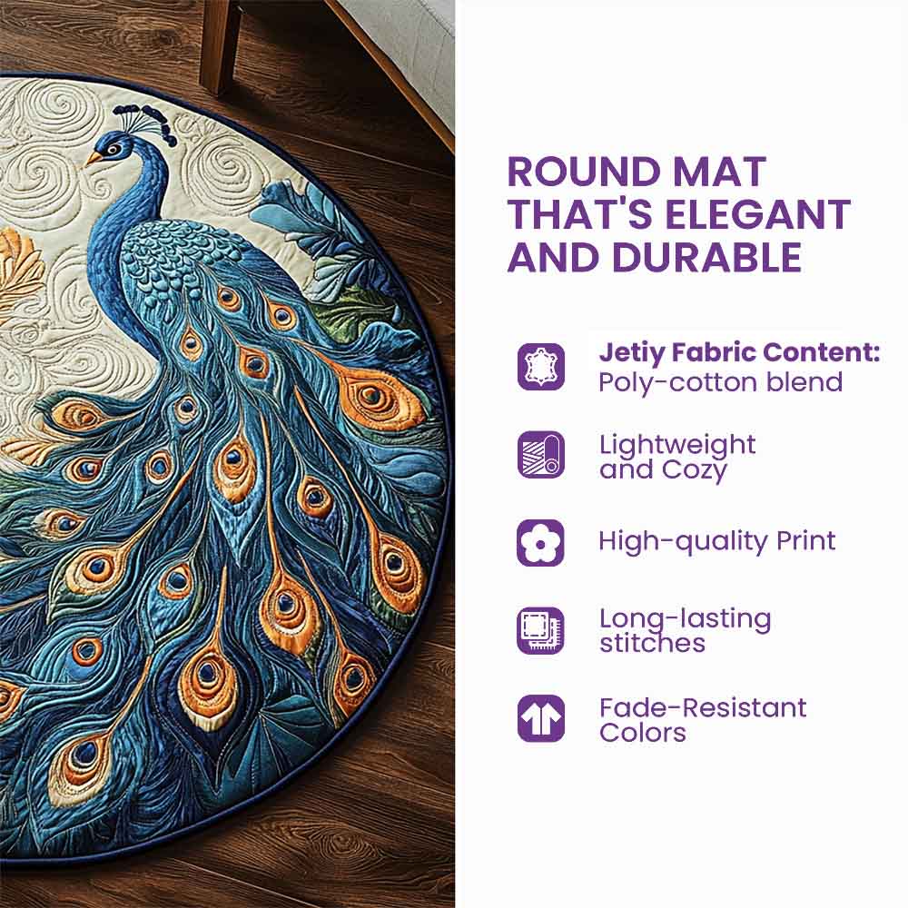Round mat with peacock design on a wooden floor, featuring text about mat's features.
