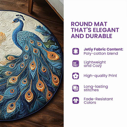 Round mat with peacock design on a wooden floor, featuring text about mat's features.