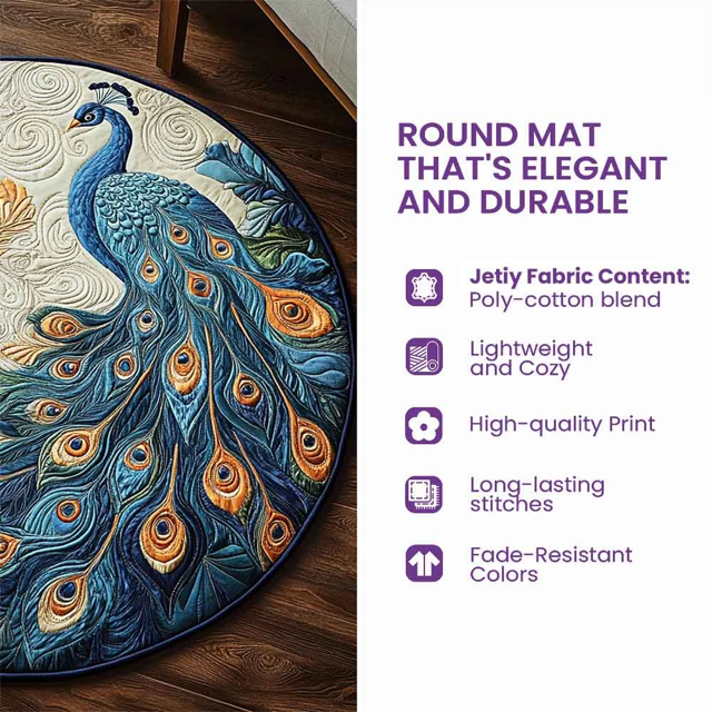 Round mat with peacock design on a wooden floor, featuring text about the mat's features.