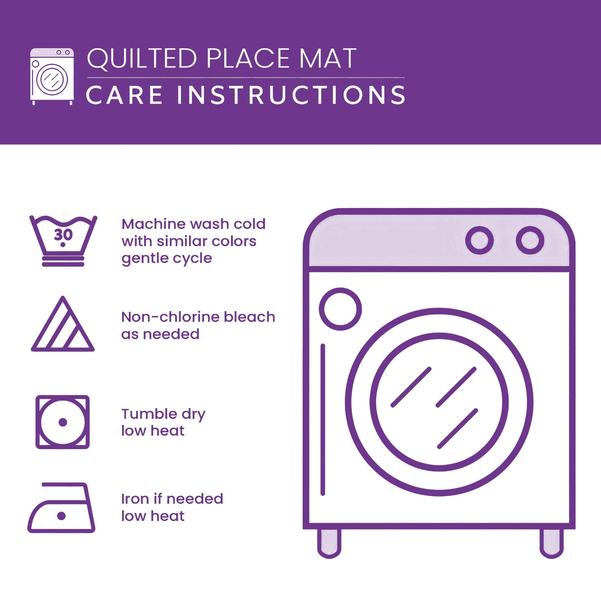 Quilted place mat care instructions with washing machine icon on a purple background