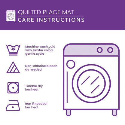Quilted tote bag care instructions with washing machine icon on a purple background