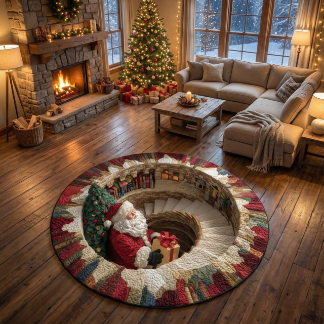 Cozy living room with a Christmas tree, fireplace, and decorative rug featuring Santa Claus.