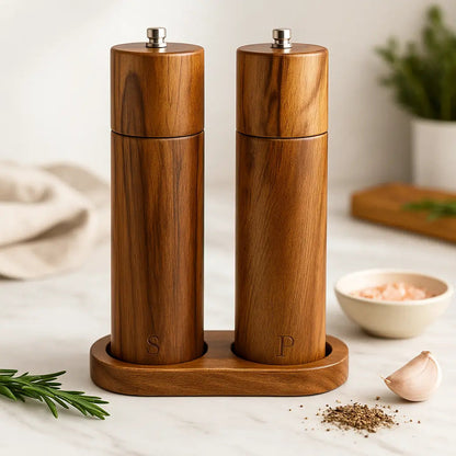 Wooden salt and pepper grinder set on a white surface with herbs and a bowl in the background.