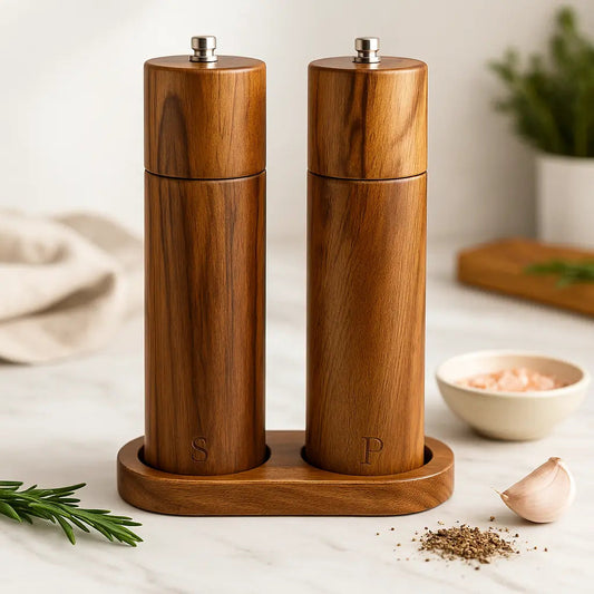 Wooden salt and pepper grinder set on a white surface with herbs and a bowl in the background.