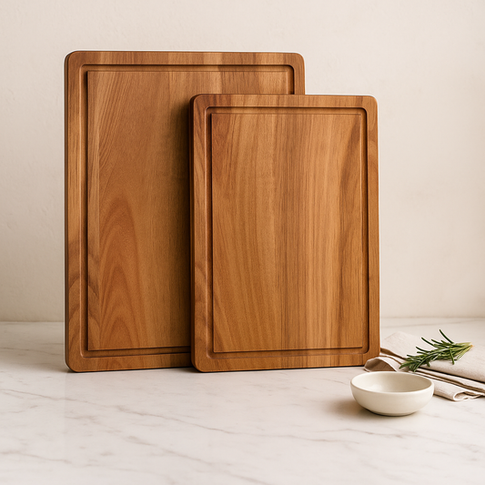 Two wooden cutting boards on a marble surface with a small bowl and rosemary sprig.