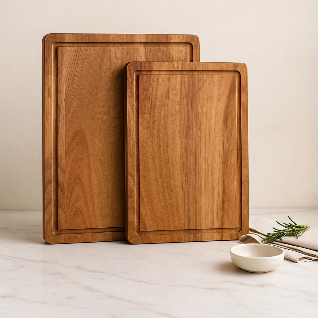 Josh&Tate Acacia Cutting Board - Two wooden cutting boards on a marble surface with a small bowl and rosemary sprig.