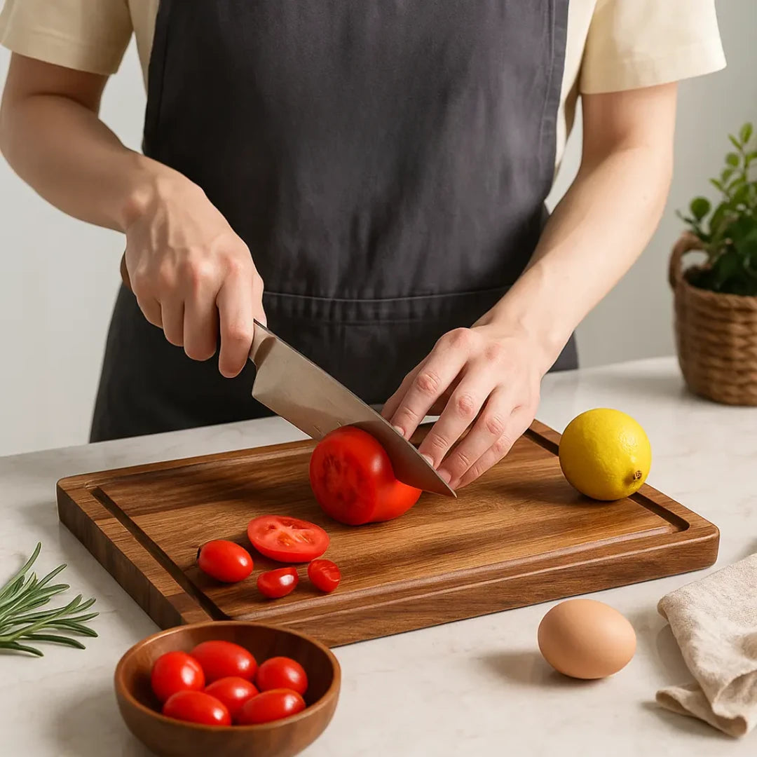 Josh&Tate Acacia Cutting Board - Person cutting tomatoes on a wooden cutting board with a knife, surrounded by ingredients.