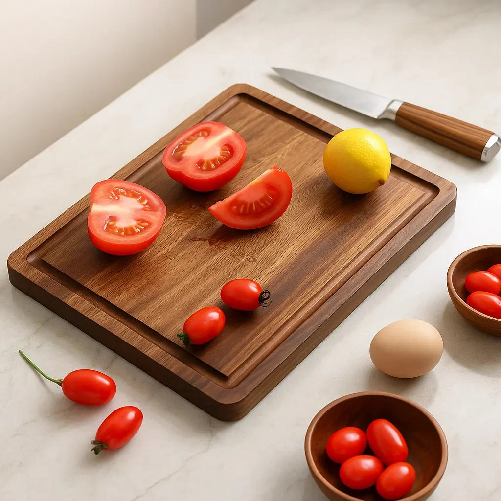 Josh&Tate Acacia Cutting Board - Wooden cutting board with sliced tomatoes, a lemon, and a knife on a light surface.