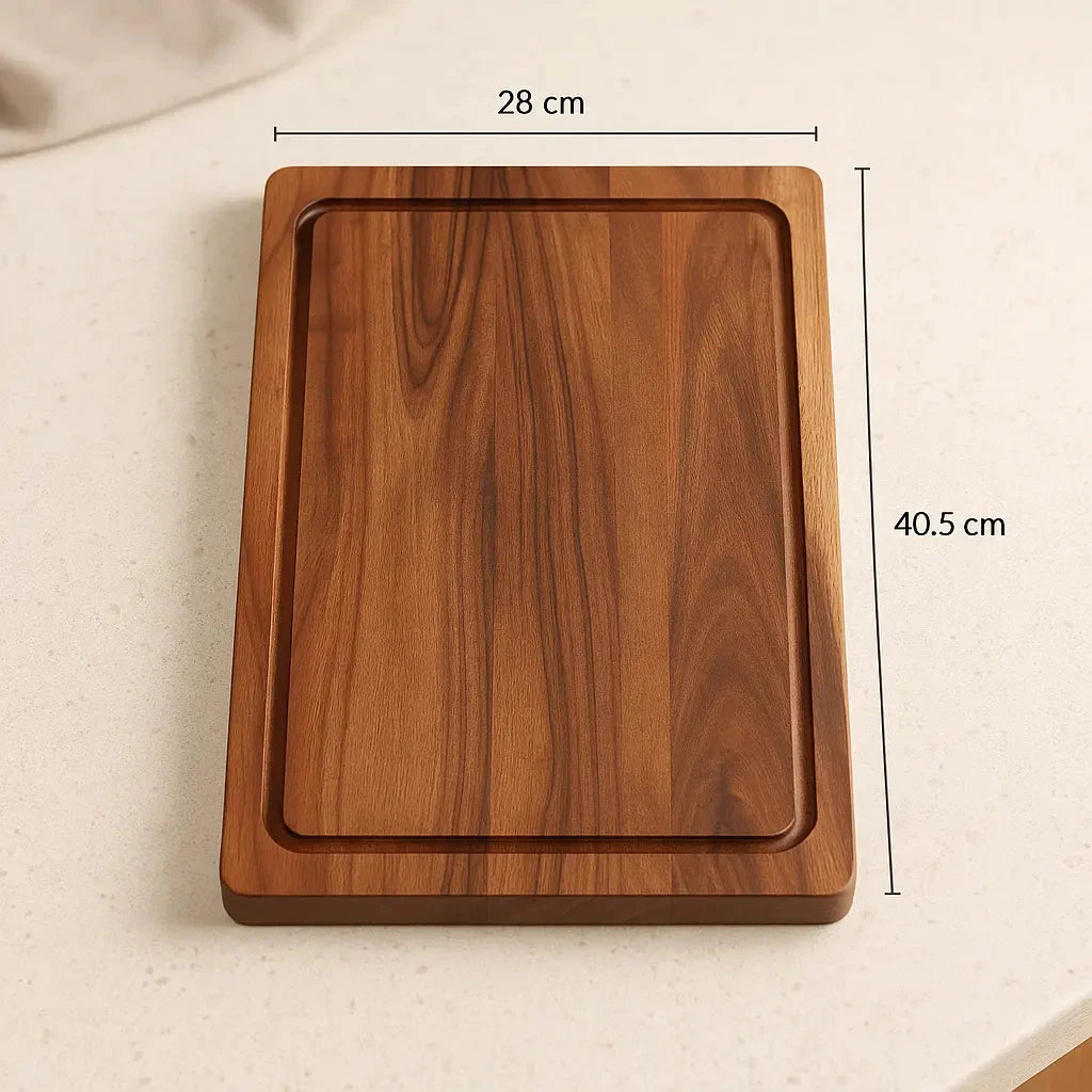 Josh&Tate Acacia Cutting Board - Wooden tray with dimensions labeled on a light background