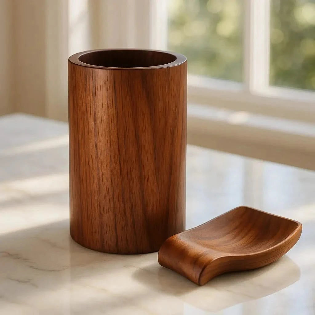 Josh&Tate Acacia Utensil Holder - Wooden cylindrical container and square dish on a marble surface with a window in the background