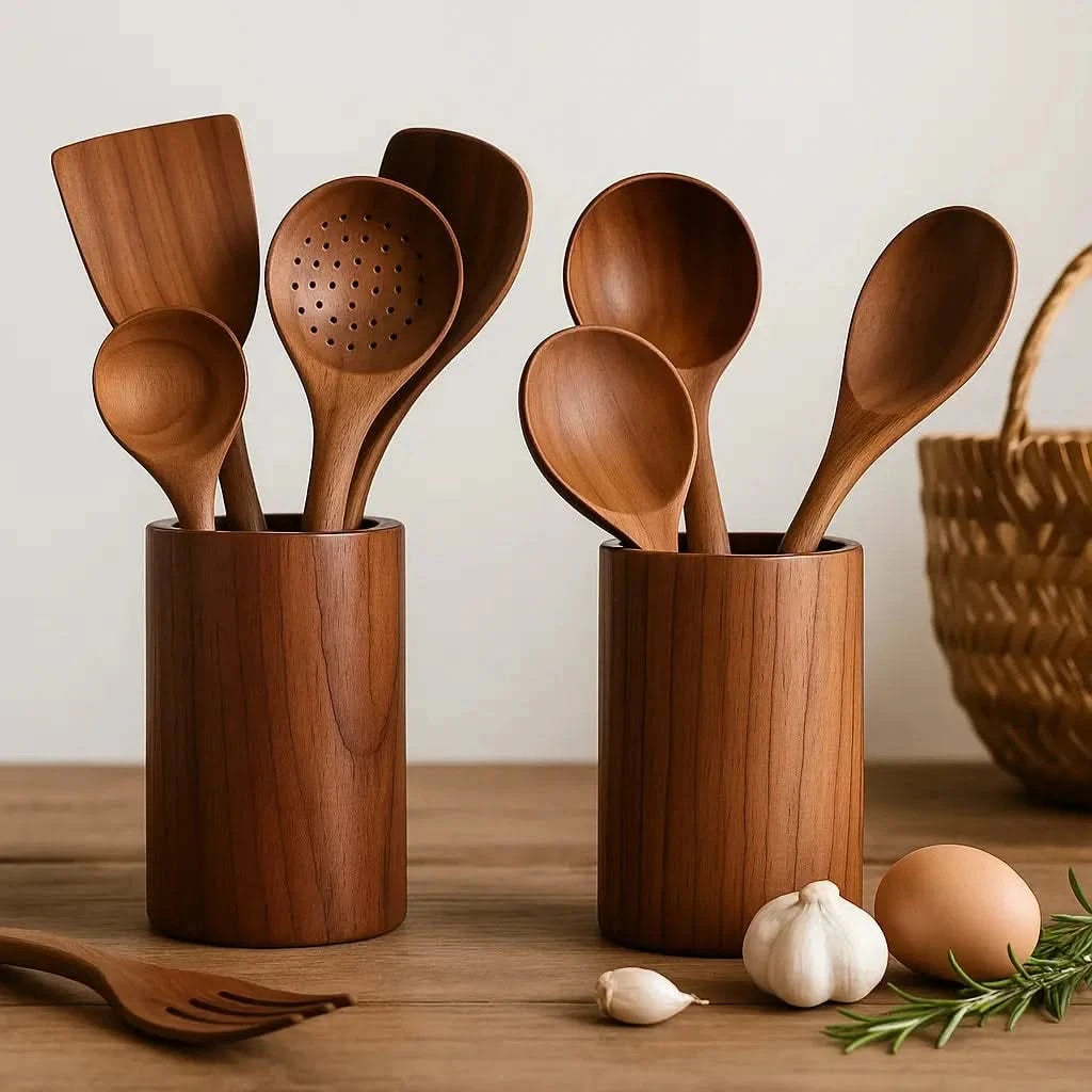 Josh&Tate Acacia Utensil Holder - Set of wooden kitchen utensils in holders on a wooden surface with a neutral background