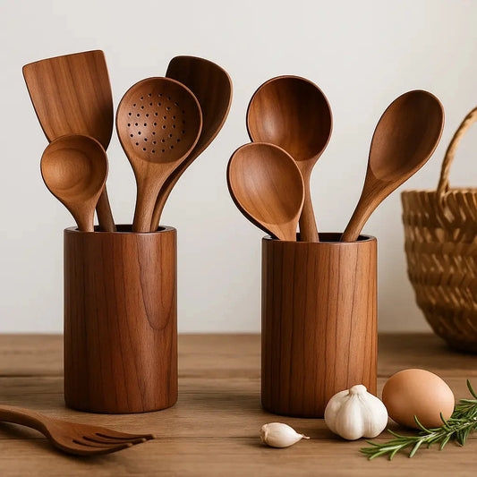 Josh&Tate Acacia Utensil Holder - Set of wooden kitchen utensils in holders on a wooden surface with a neutral background