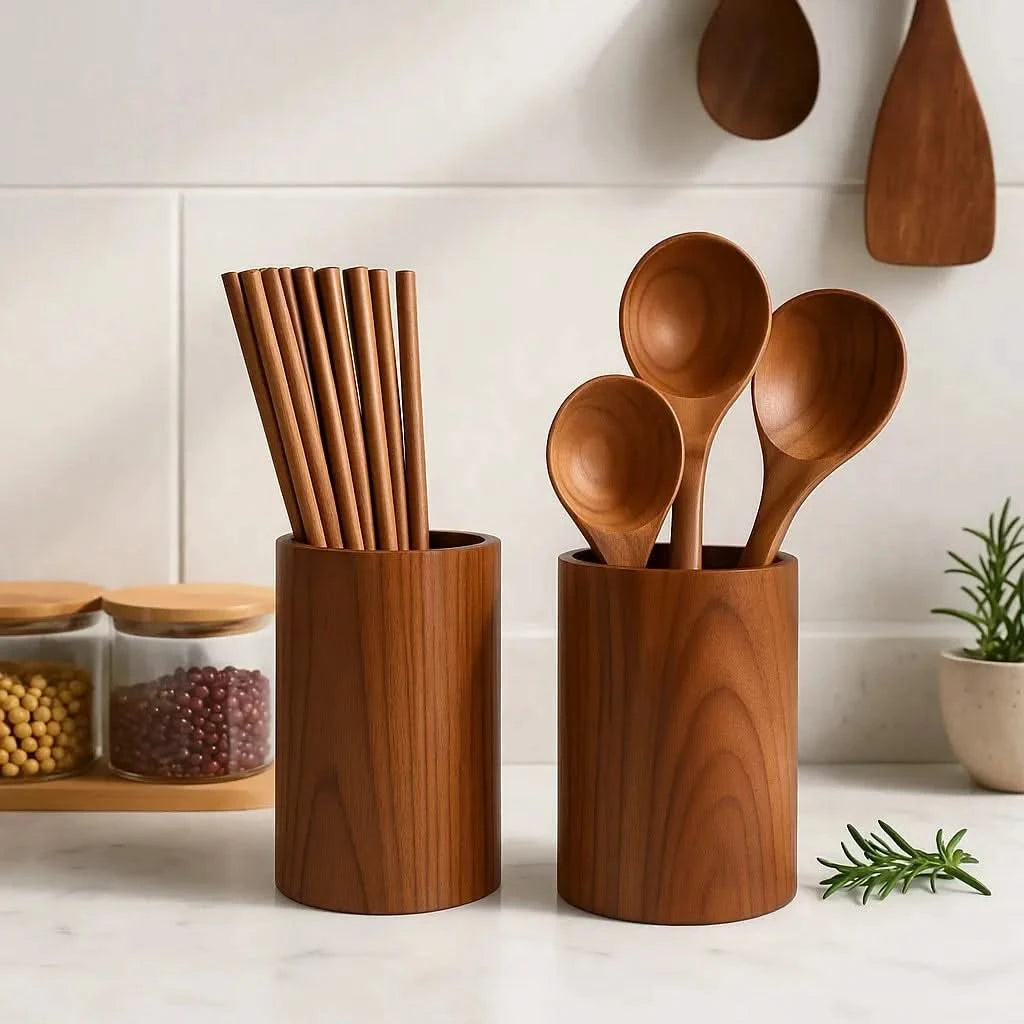 Josh&Tate Acacia Utensil Holder - Wooden utensil holders with wooden spoons and chopsticks on a kitchen counter.