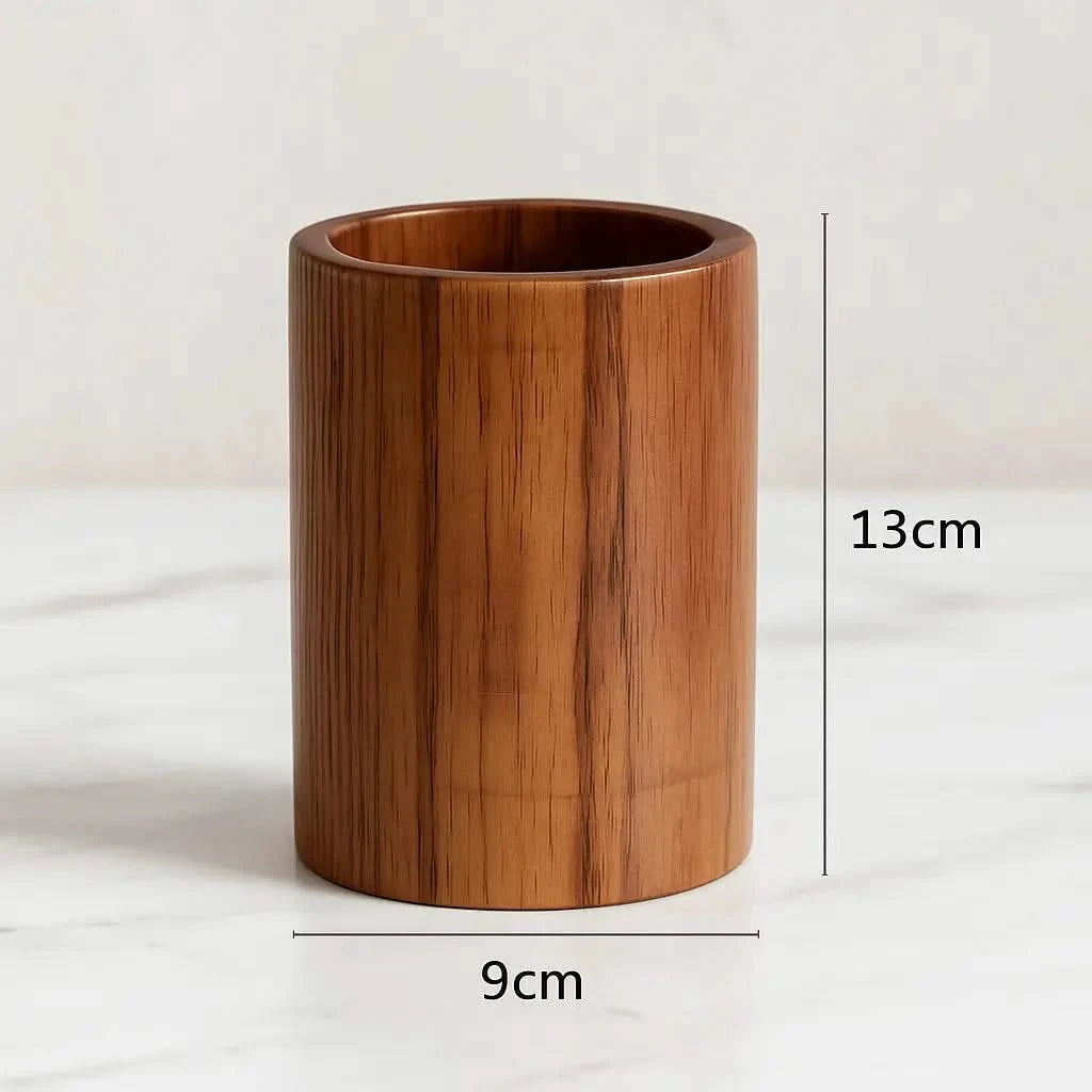 Josh&Tate Acacia Utensil Holder - Wooden cylindrical container with dimensions labeled on a white background