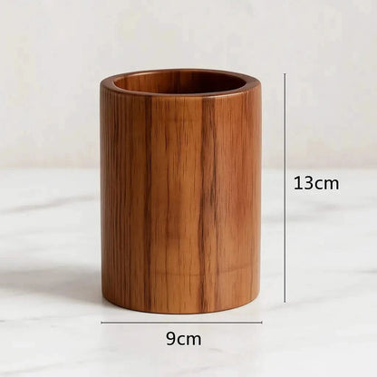 Josh&Tate Acacia Utensil Holder - Wooden cylindrical container with dimensions labeled on a white background
