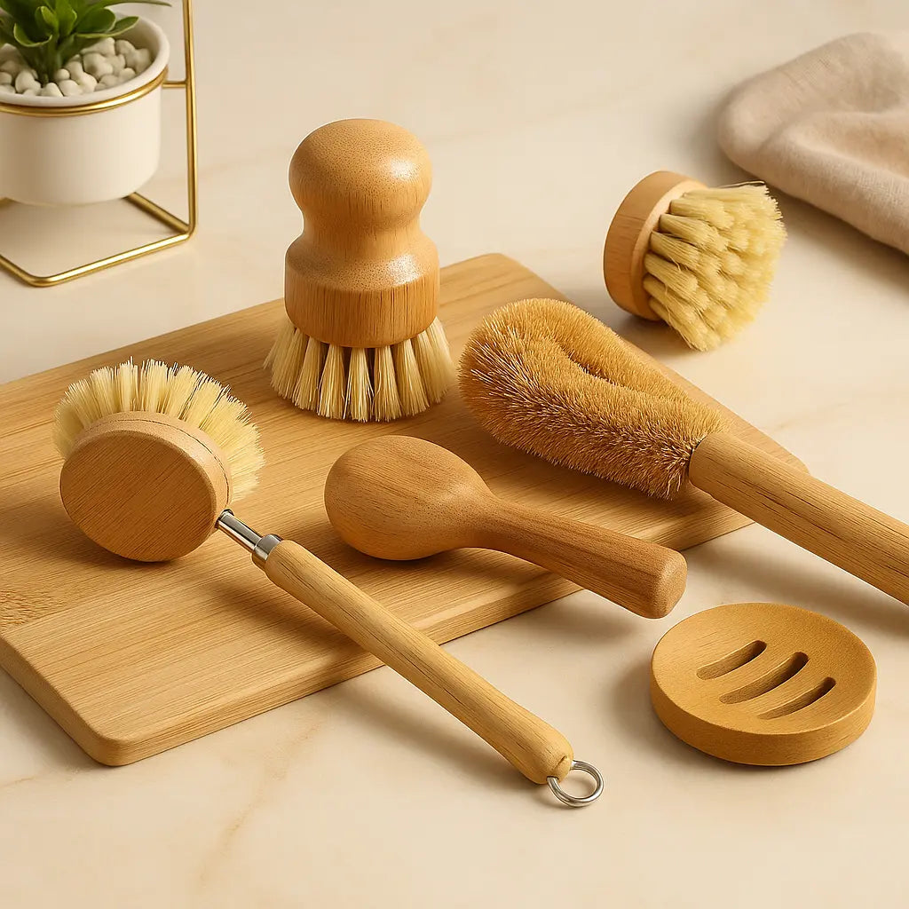 Set of wooden cleaning brushes and a soap dish on a beige surface with a plant in the background.