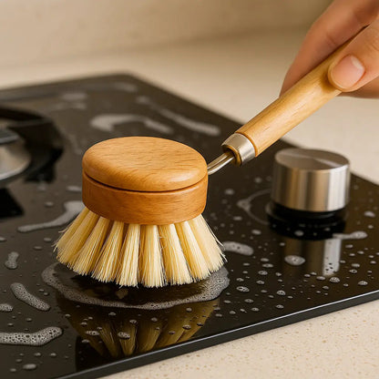 Wooden dish brush cleaning a stovetop