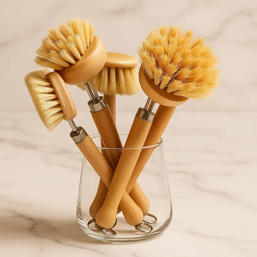 Set of four wooden dish brushes with natural bristles in a clear glass holder on a neutral background