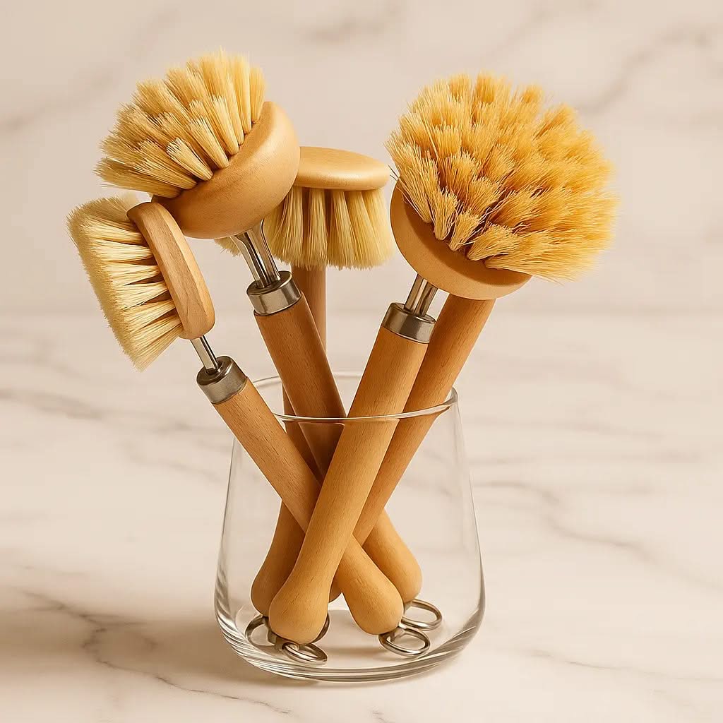 Set of four wooden dish brushes with natural bristles in a clear glass holder on a neutral background
