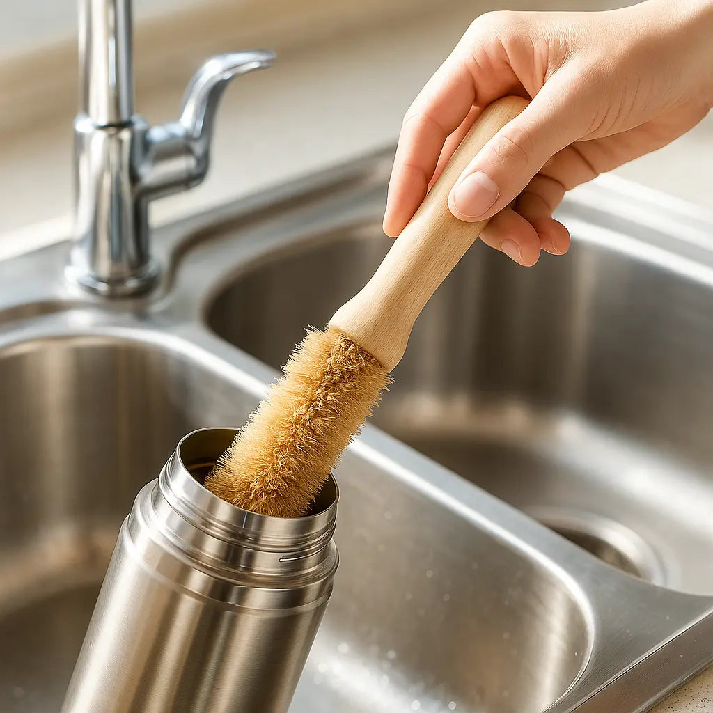 Person using a wooden brush to clean a metal thermos in a kitchen sink.