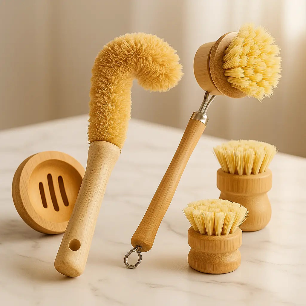 Set of wooden kitchen brushes and a ladle on a marble surface