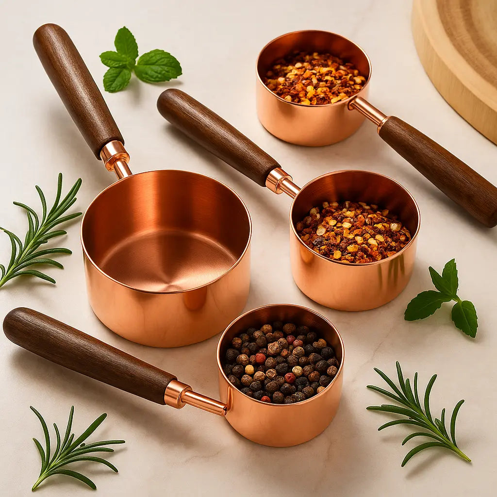 Set of copper measuring cups with wooden handles on a light surface with herbs.
