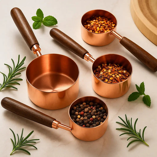 Set of copper measuring cups with wooden handles on a light surface with herbs.