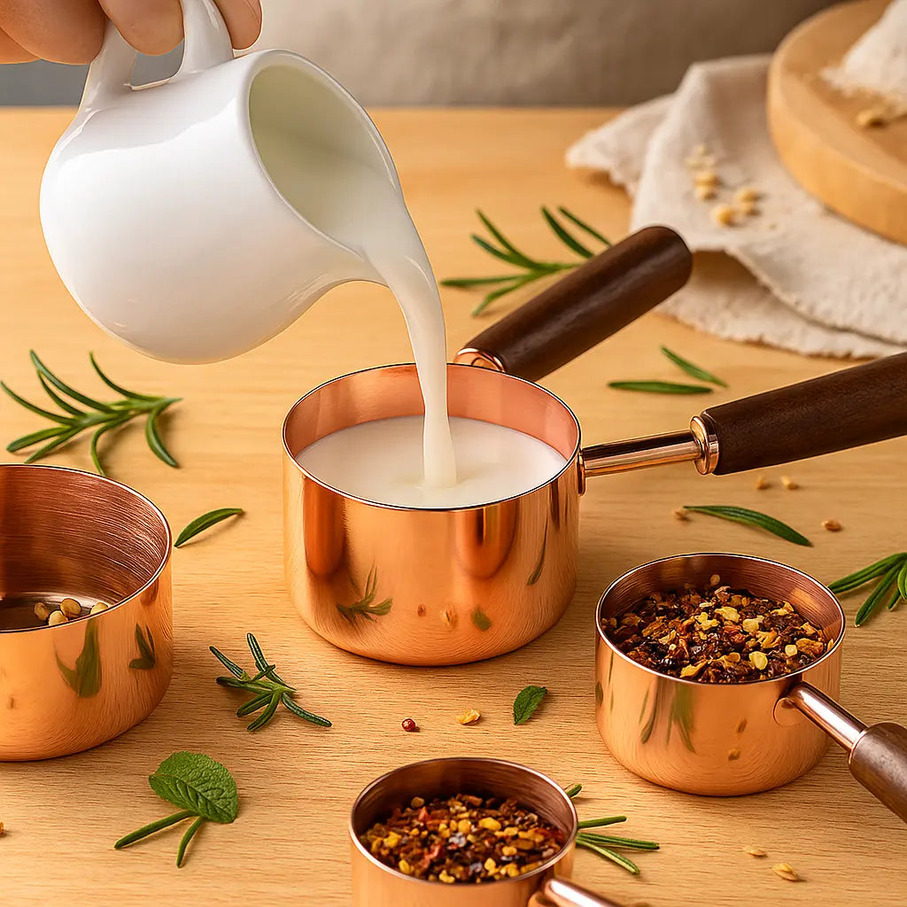 White liquid being poured from a white pitcher into a copper pot on a wooden surface with herbs and spices.