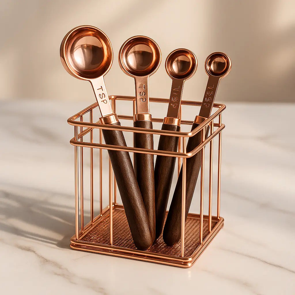 Set of copper measuring spoons in a holder on a marble surface