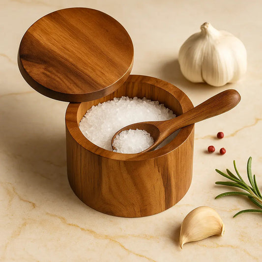 Wooden container with salt and a wooden spoon on a marble surface with garlic and rosemary.
