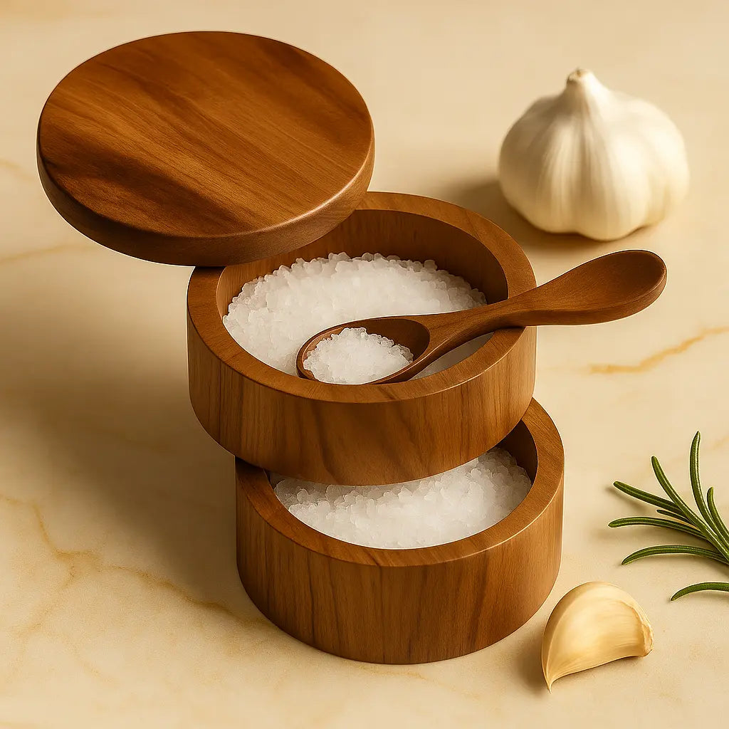Wooden salt container with a wooden spoon on a beige marble surface with garlic and rosemary.
