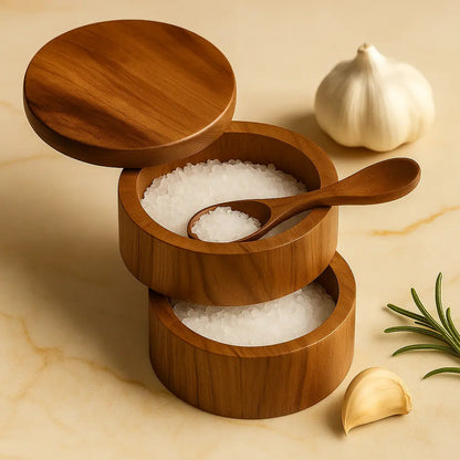 Wooden salt container with a wooden spoon on a beige marble surface with garlic and rosemary.