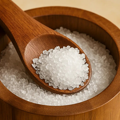 Wooden spoon filled with salt crystals over a wooden bowl of salt.