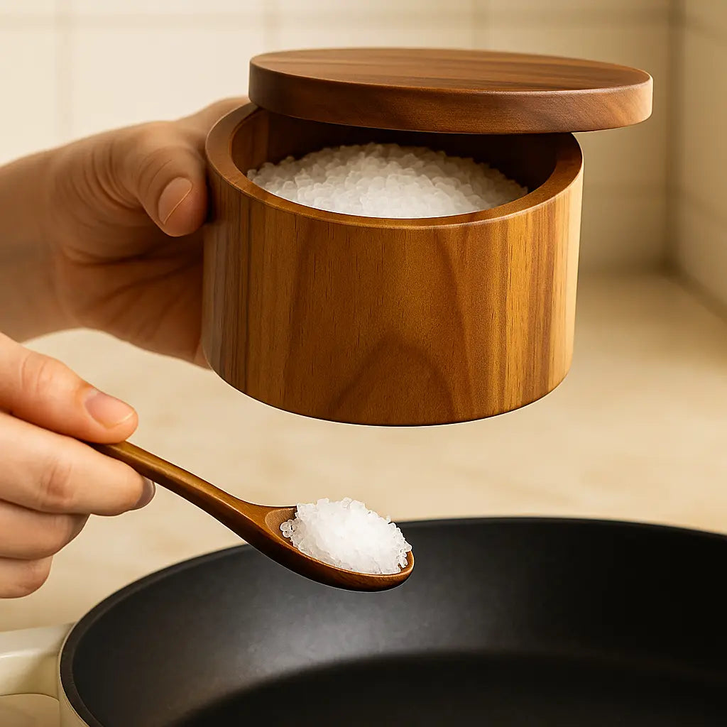Wooden container with lid filled with salt, held by a hand with a wooden spoon scooping salt into a pan.