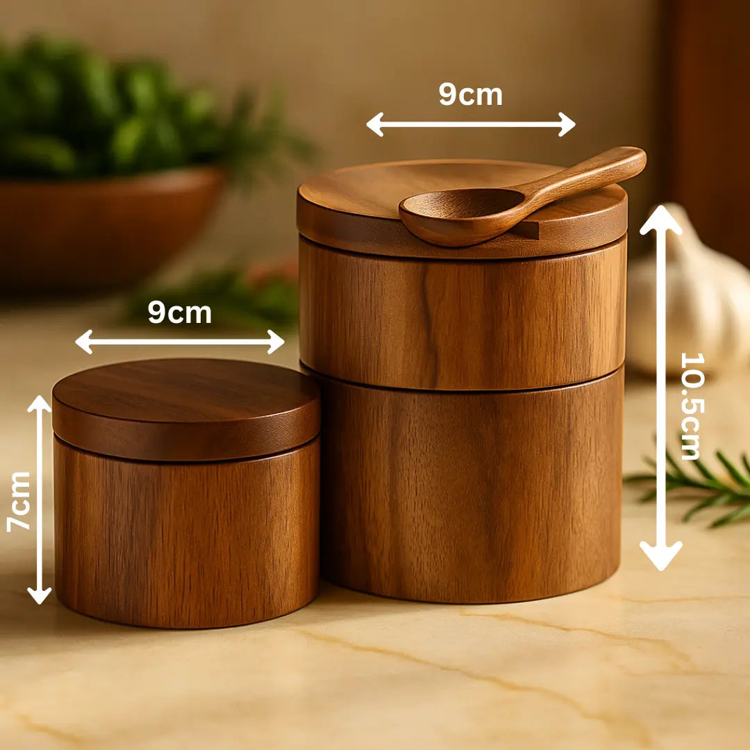 Wooden containers with dimensions labeled on a marble surface