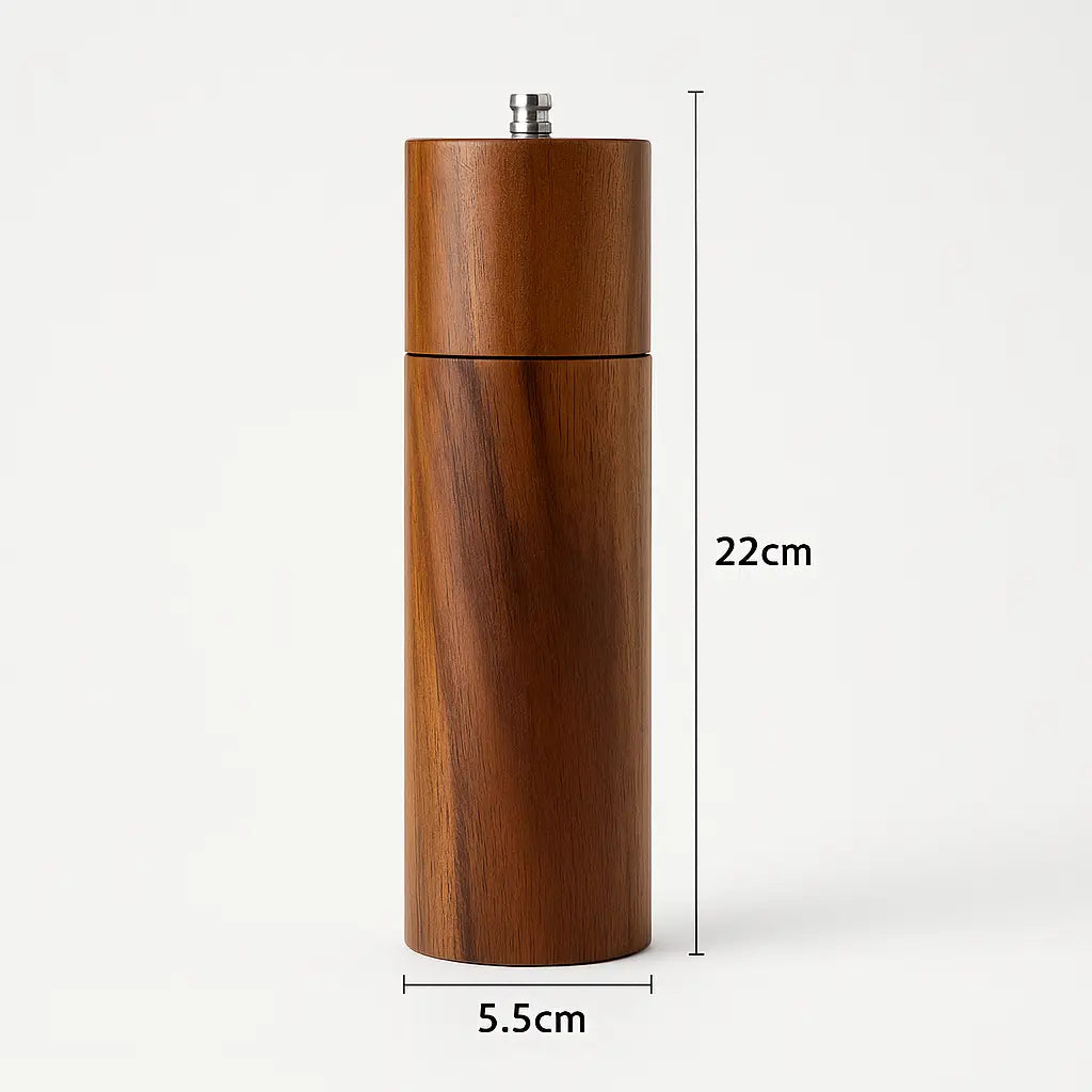 Wooden pepper grinder with dimensions on a white background