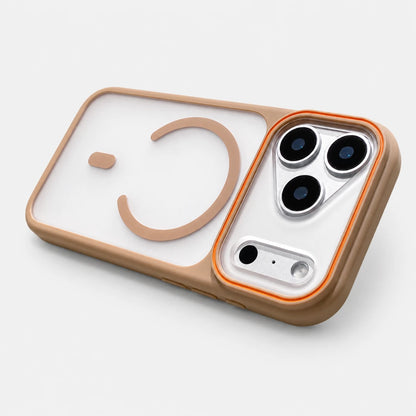 Josh & Tate - JoyRing™ MagSafe iPhone Case - A tan and orange protective phone case with a clear back panel, shown on a white phone against a light gray background.