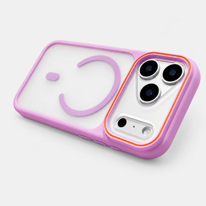 Josh & Tate - JoyRing™ MagSafe iPhone Case - A translucent light purple phone case with a matching purple smiley face design, shown fitted on a white smartphone. The case features a solid purple bumper and camera bezel with a thin orange accent line around the camera cutout.
