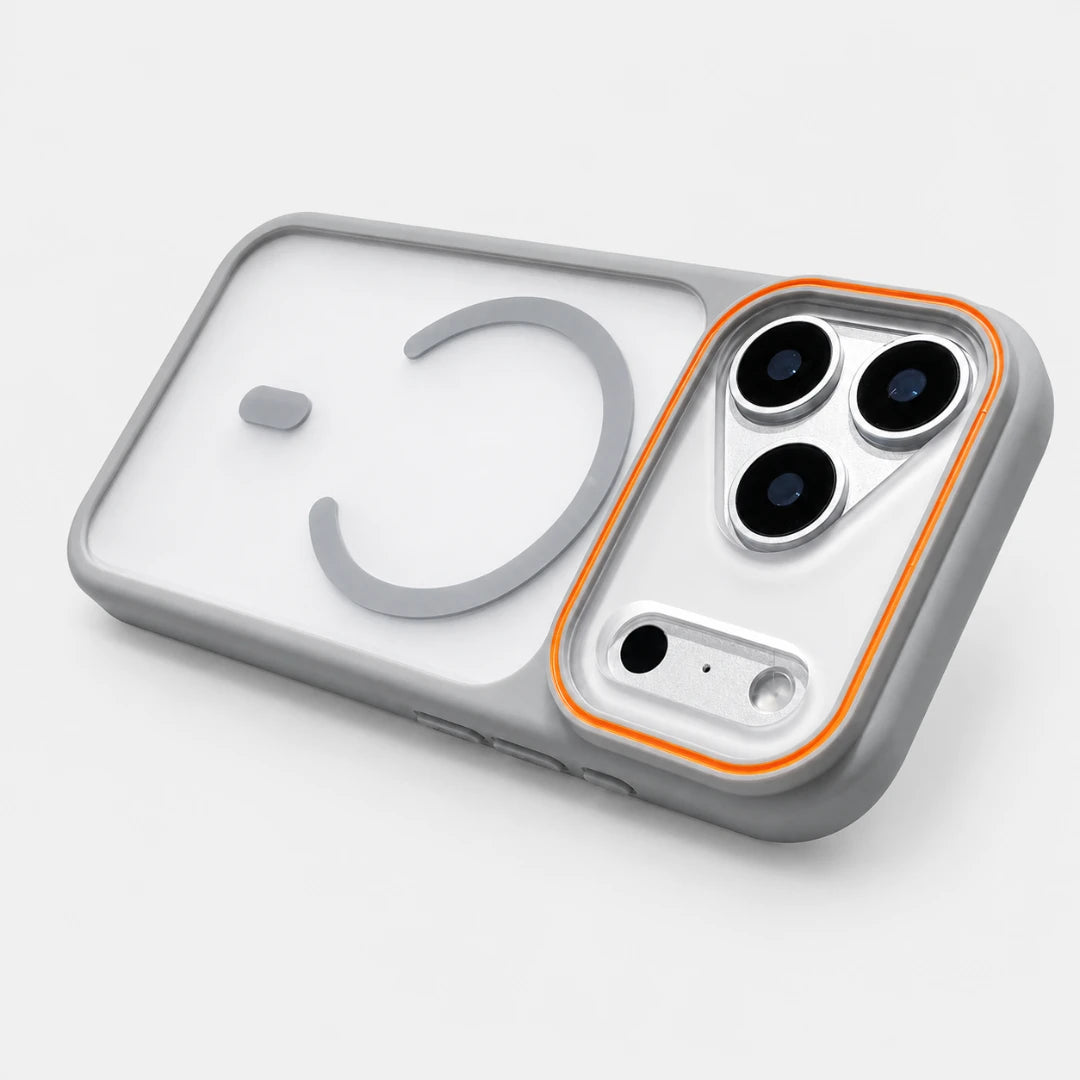 Josh & Tate - JoyRing™ MagSafe iPhone Case - A clear protective phone case with a gray bumper and a gray magnetic ring, featuring an orange accent border around the camera cutout, shown on a white smartphone against a light gray background.