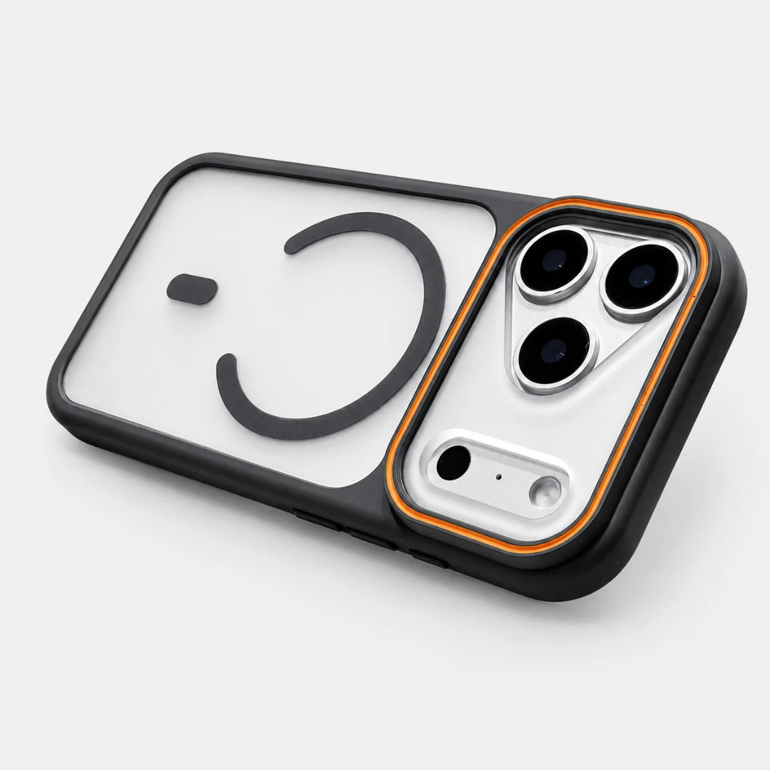 Josh & Tate - JoyRing™ MagSafe iPhone Case - A protective phone case with a black bumper and a clear back panel featuring a minimalist black smiley face design. The camera cutout area has a black border accented with a thin orange line, and the phone inside is partially visible.