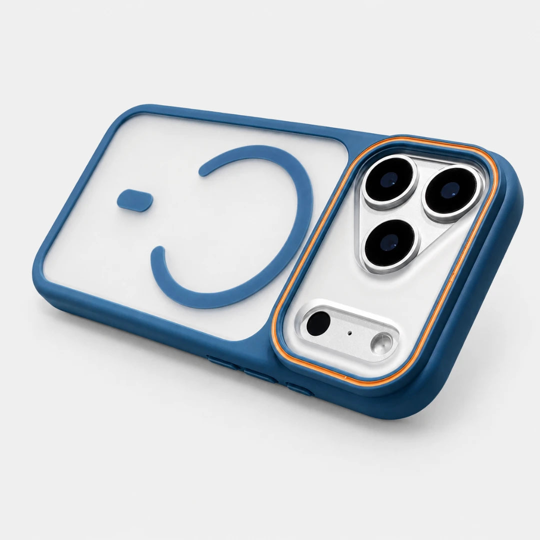 Josh & Tate - JoyRing™ MagSafe iPhone Case - A blue protective phone case with a white back panel featuring a blue smiley face design, shown on a light gray background.