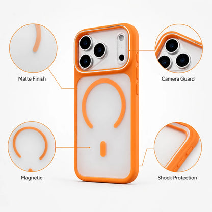 Josh & Tate - JoyRing™ MagSafe iPhone Case - An orange and translucent white phone case shown on a light gray background, with four circular callouts highlighting features: Matte Finish, Camera Guard, Magnetic, and Shock Protection.