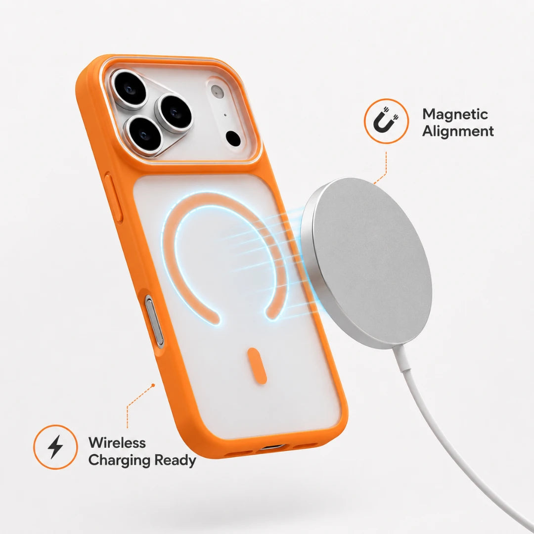 Josh & Tate - JoyRing™ MagSafe iPhone Case - An orange and white protective phone case shown on a smartphone, with callout graphics indicating wireless charging readiness and magnetic alignment. A silver magnetic charging pad is positioned beside the case on a clean white background.