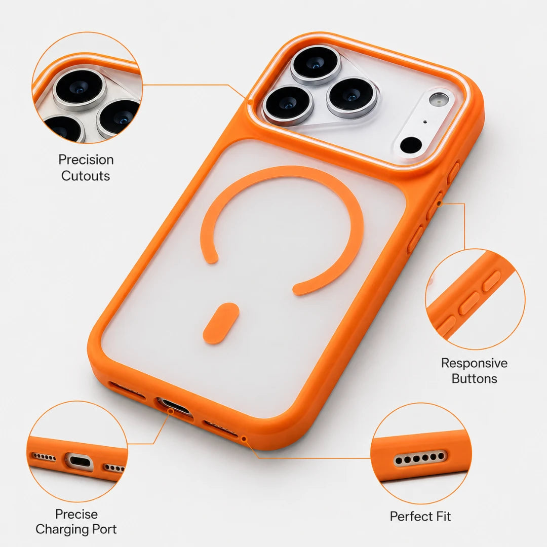 Josh & Tate - JoyRing™ MagSafe iPhone Case - An orange and clear phone case shown on a light gray background with callout circles highlighting features such as precision cutouts for the camera, responsive buttons, precise charging port fit, and perfect fit.