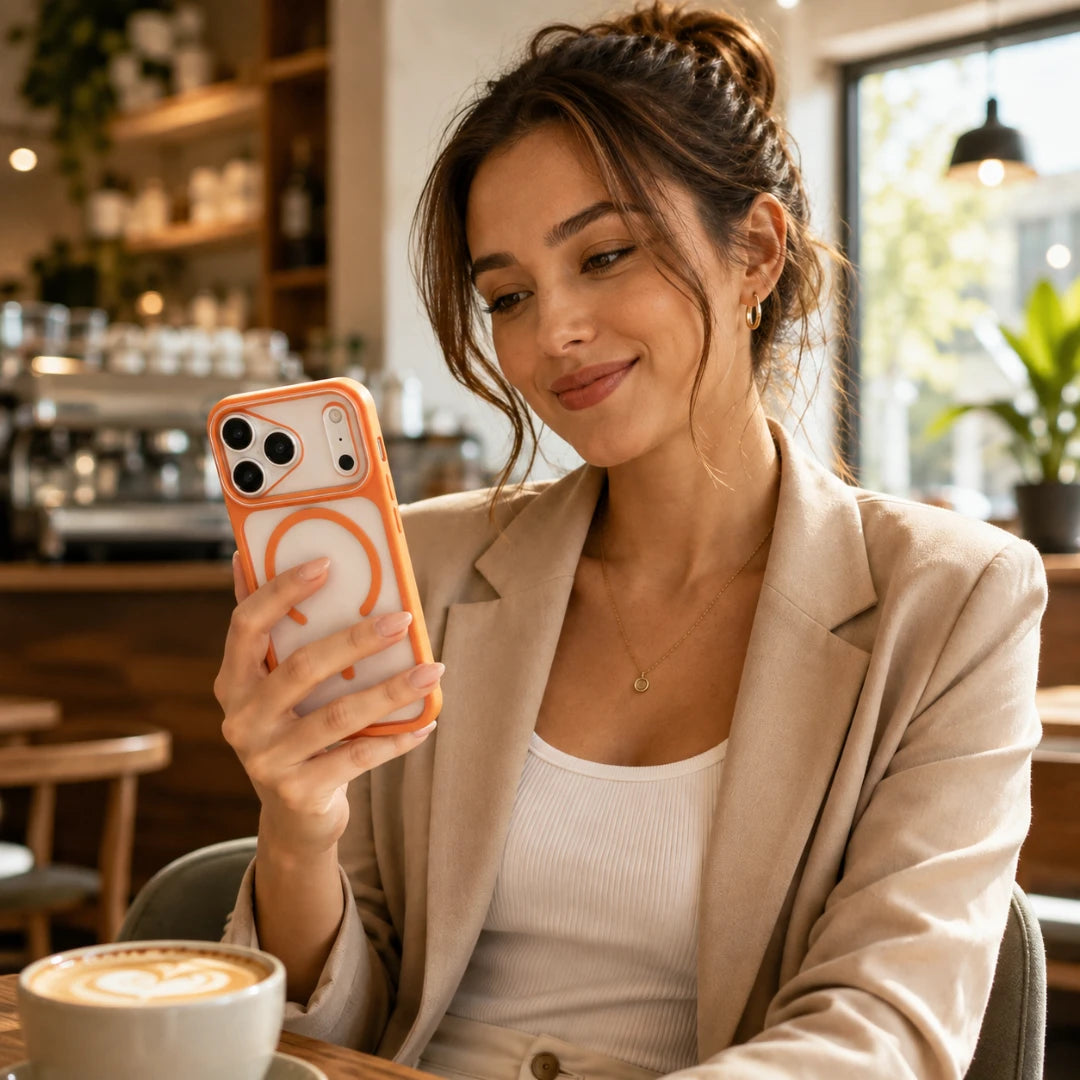 Josh & Tate - JoyRing™ MagSafe iPhone Case - A woman in a beige blazer and white top sits in a cafe, holding an orange phone case with a MagSafe-style magnetic ring while looking at her phone.